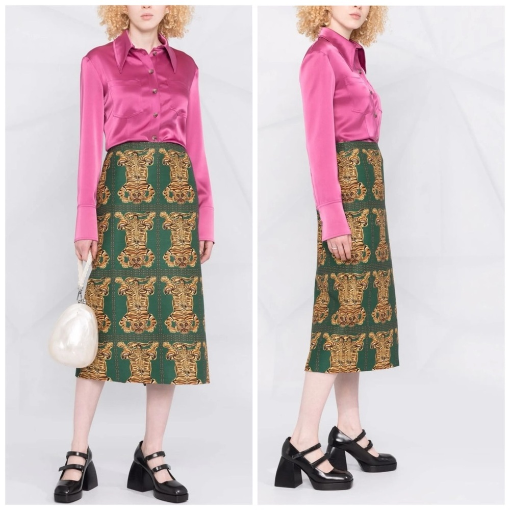 La DoubleJ Tiger Tiles Wool Cady Skirt Green High Waist A Line Knee Length​